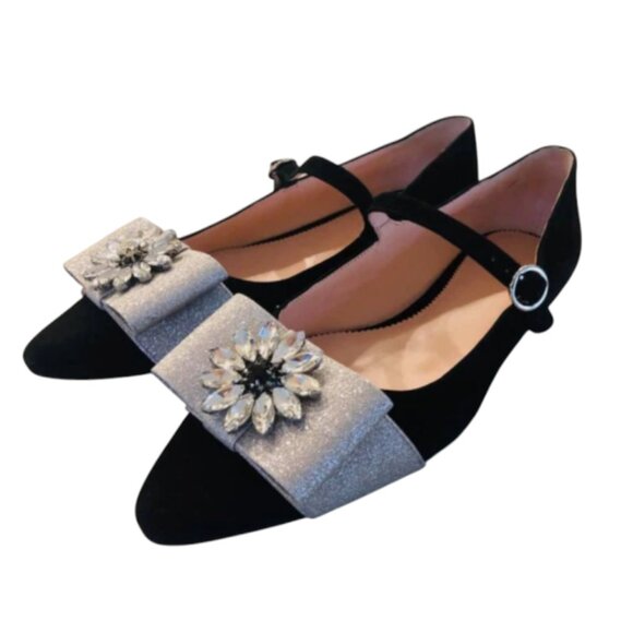 New in Box J Crew Pointed-Toe Mary Jane Black Suede Shoes with Embellished Bow - Picture 3 of 7
